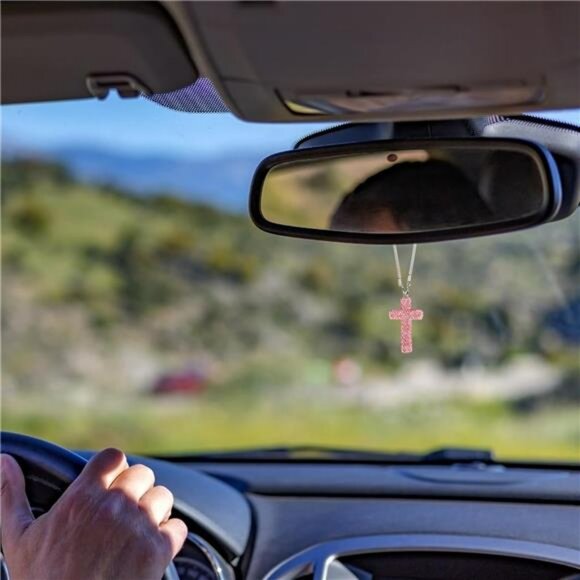 Pink rhinestone cross car mirror hanging ornament christian rearview charm decor - Picture 4 of 8